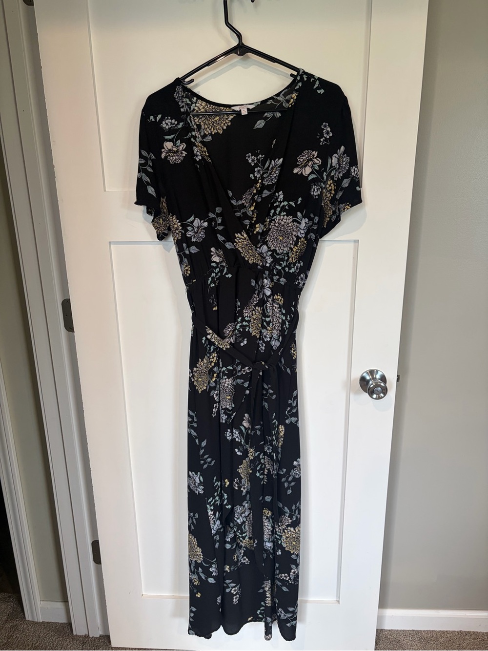Candie's Black Floral Wrap Maxi Romper Dress with Cream and Gray Blooms